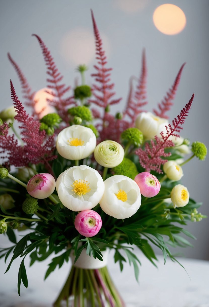 A delicate bouquet of ranunculus and astilbe, arranged in a harmonious Japanese-inspired design