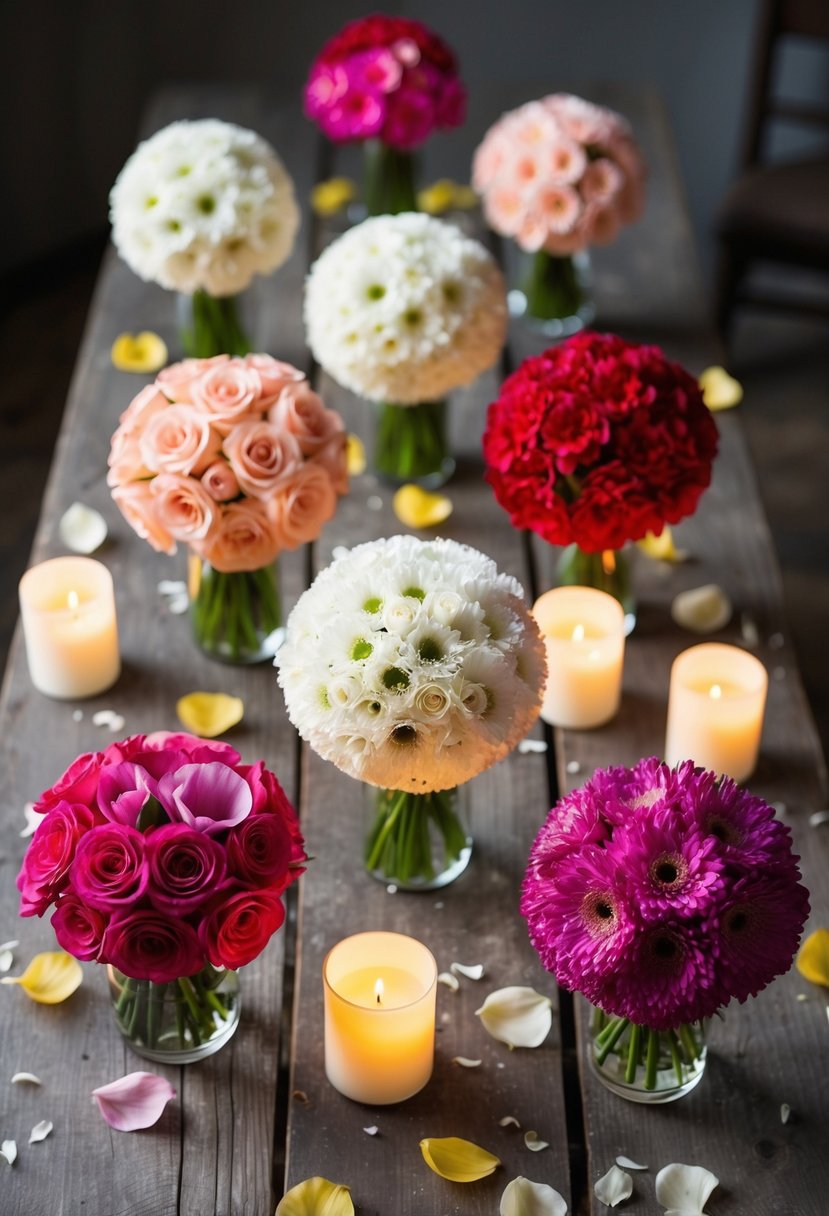 A collection of various Kissing Ball Bouquets displayed on a rustic wooden table, surrounded by scattered flower petals and soft candlelight