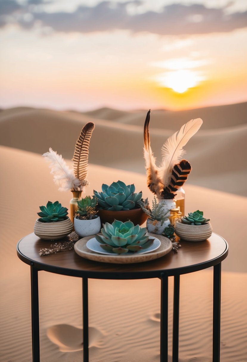 A table adorned with vibrant succulents, dried flowers, and feathers, set against a backdrop of sandy desert dunes under a golden sunset