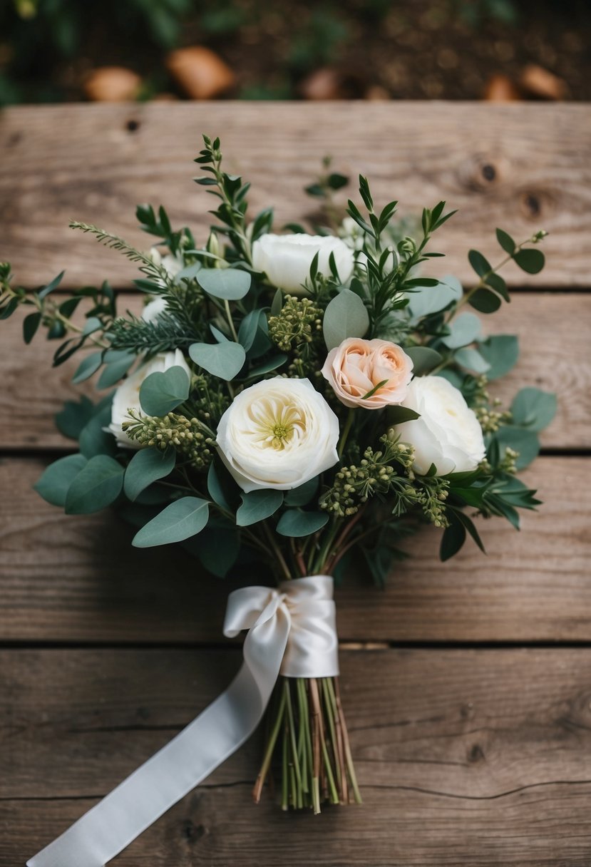 A rustic wooden sola flower bouquet with greenery and ribbon