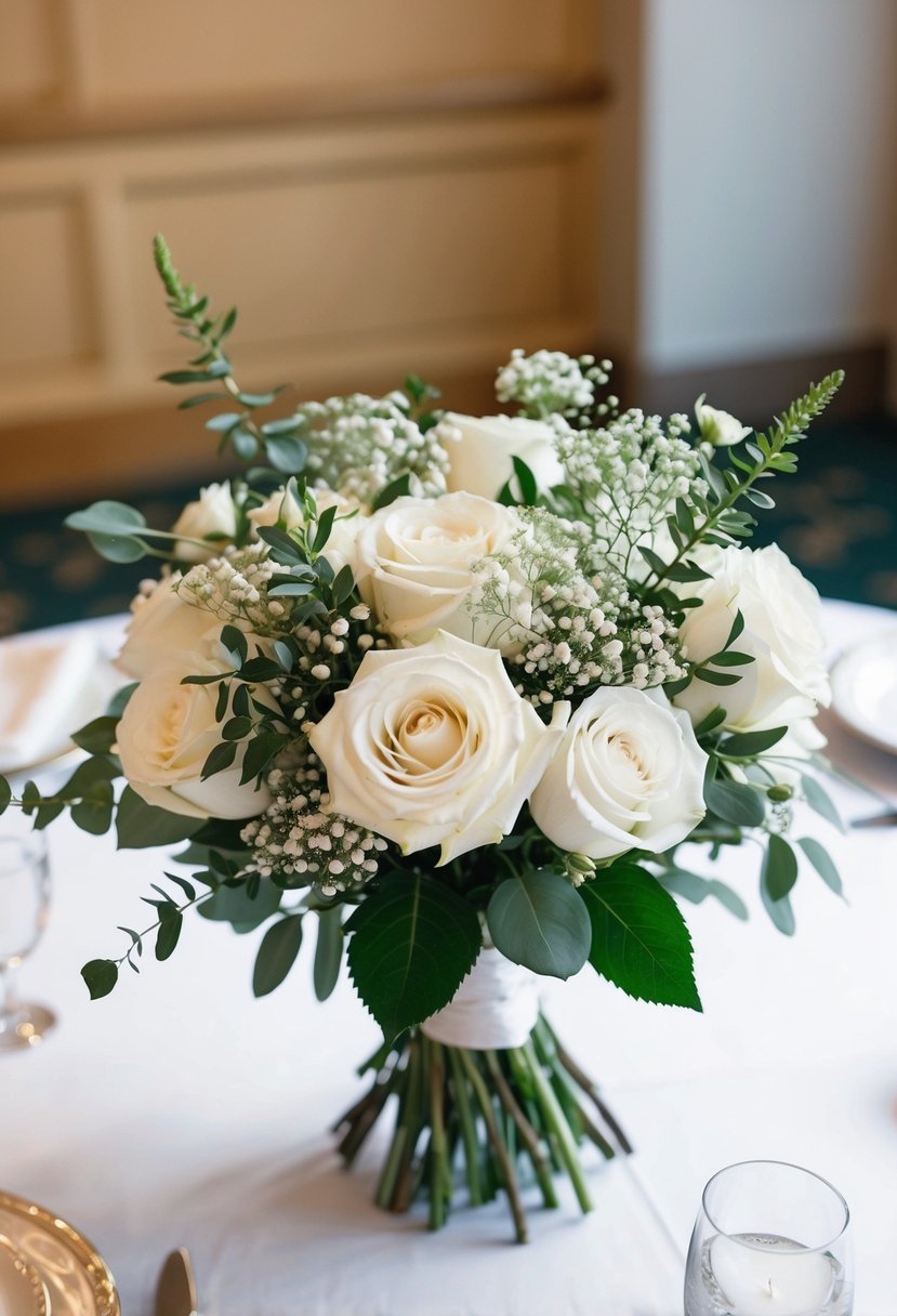 A table adorned with a classic wedding bouquet featuring white roses, baby's breath, and greenery