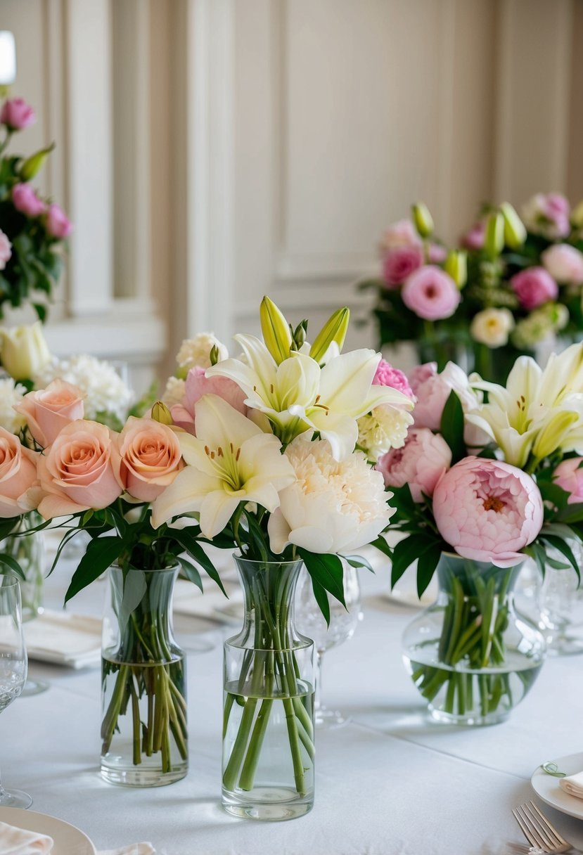 A table with various wedding bouquet options, including roses, peonies, and lilies, arranged in elegant vases