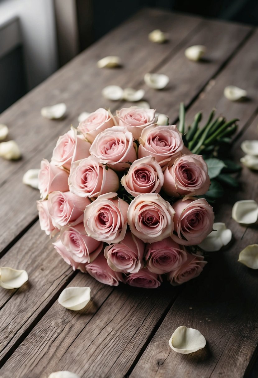 A round garden rose bouquet sits on a rustic wooden table, surrounded by scattered rose petals and soft natural light