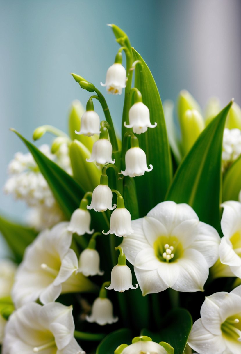 Lily of the Valley cascading from a delicate bouquet, surrounded by other classic wedding flowers