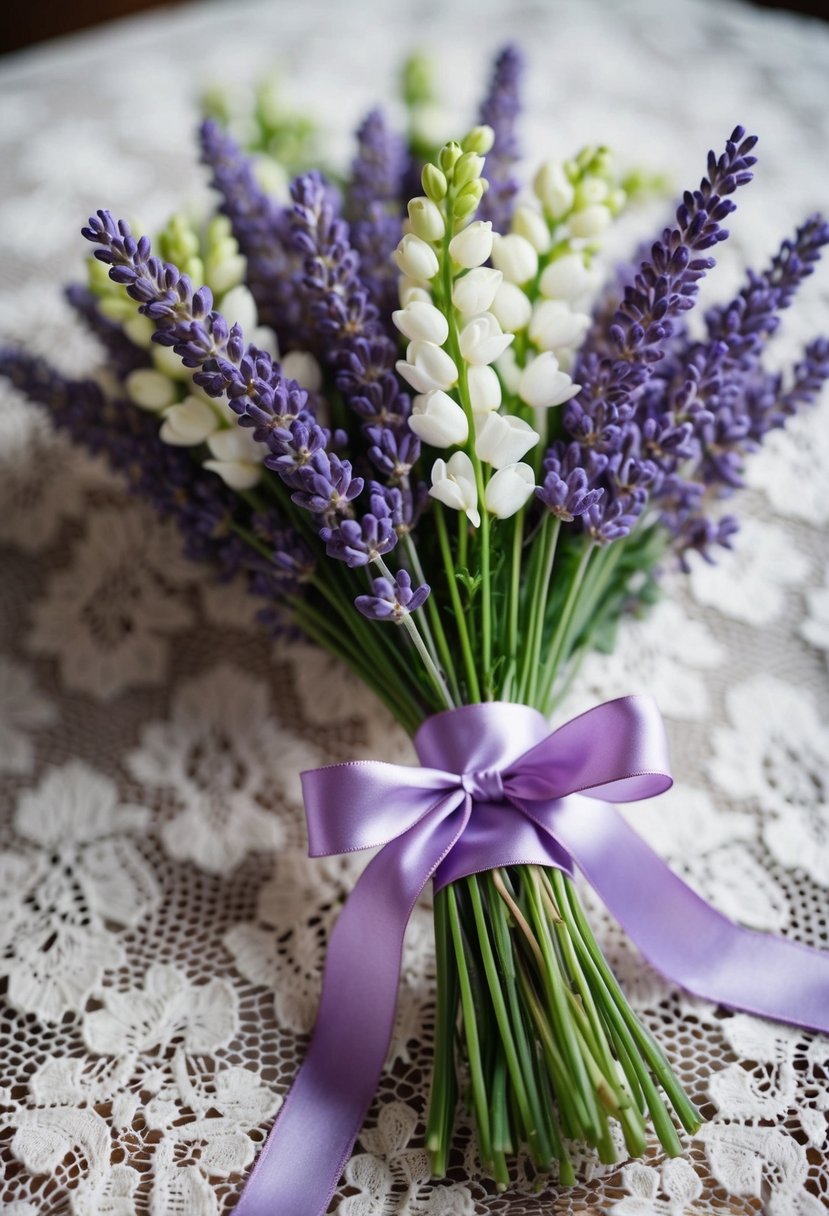 A delicate bouquet of lavender and white flowers, tied with a satin ribbon, rests on a vintage lace tablecloth