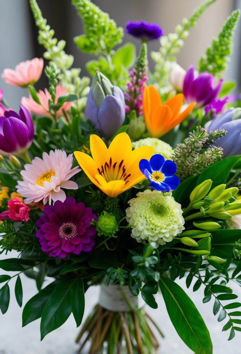 A variety of colorful flowers arranged in a bouquet, with delicate petals and lush greenery, symbolizing growth and beauty