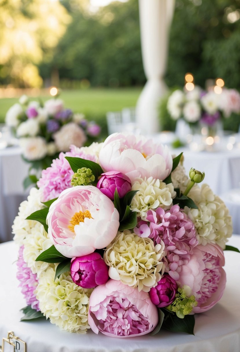 A lush bouquet of peonies and hydrangeas in a classic wedding setting