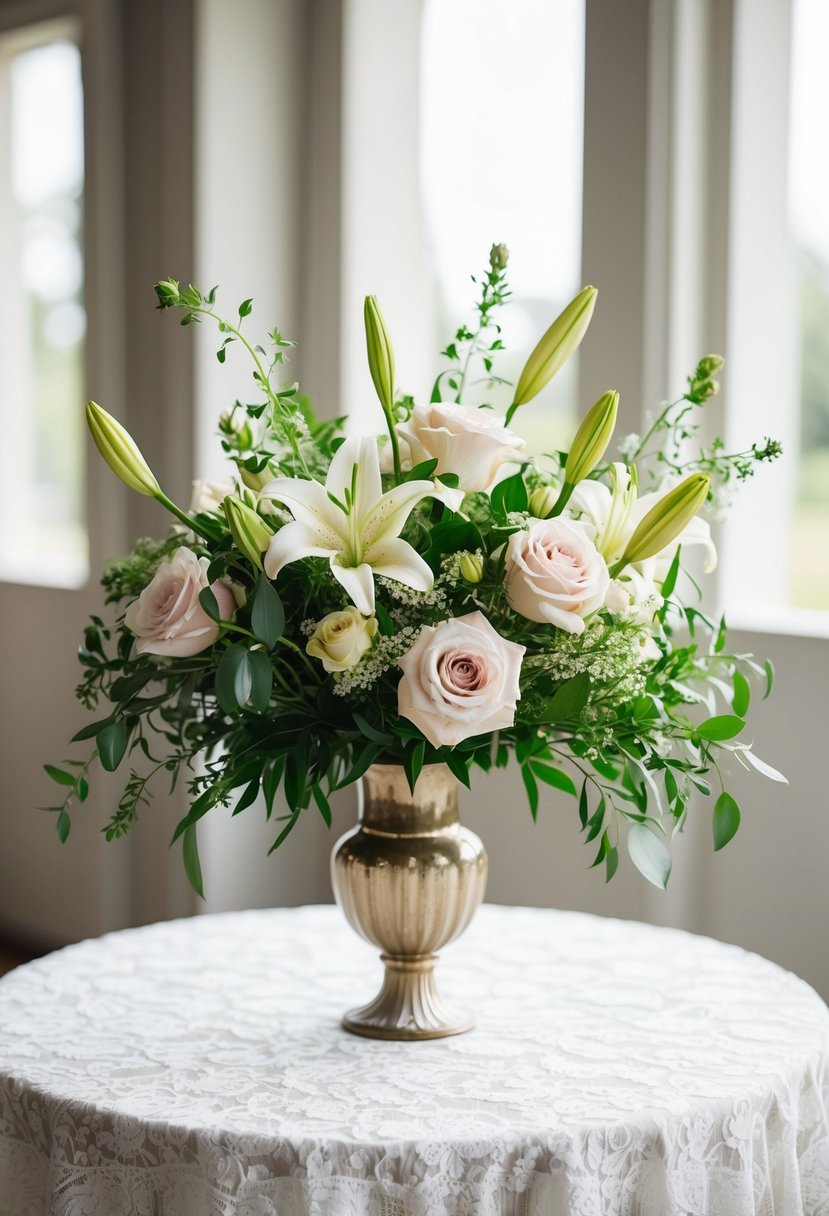 A wedding bouquet with delicate roses, lilies, and greenery, arranged in a vintage vase on a lace-covered table