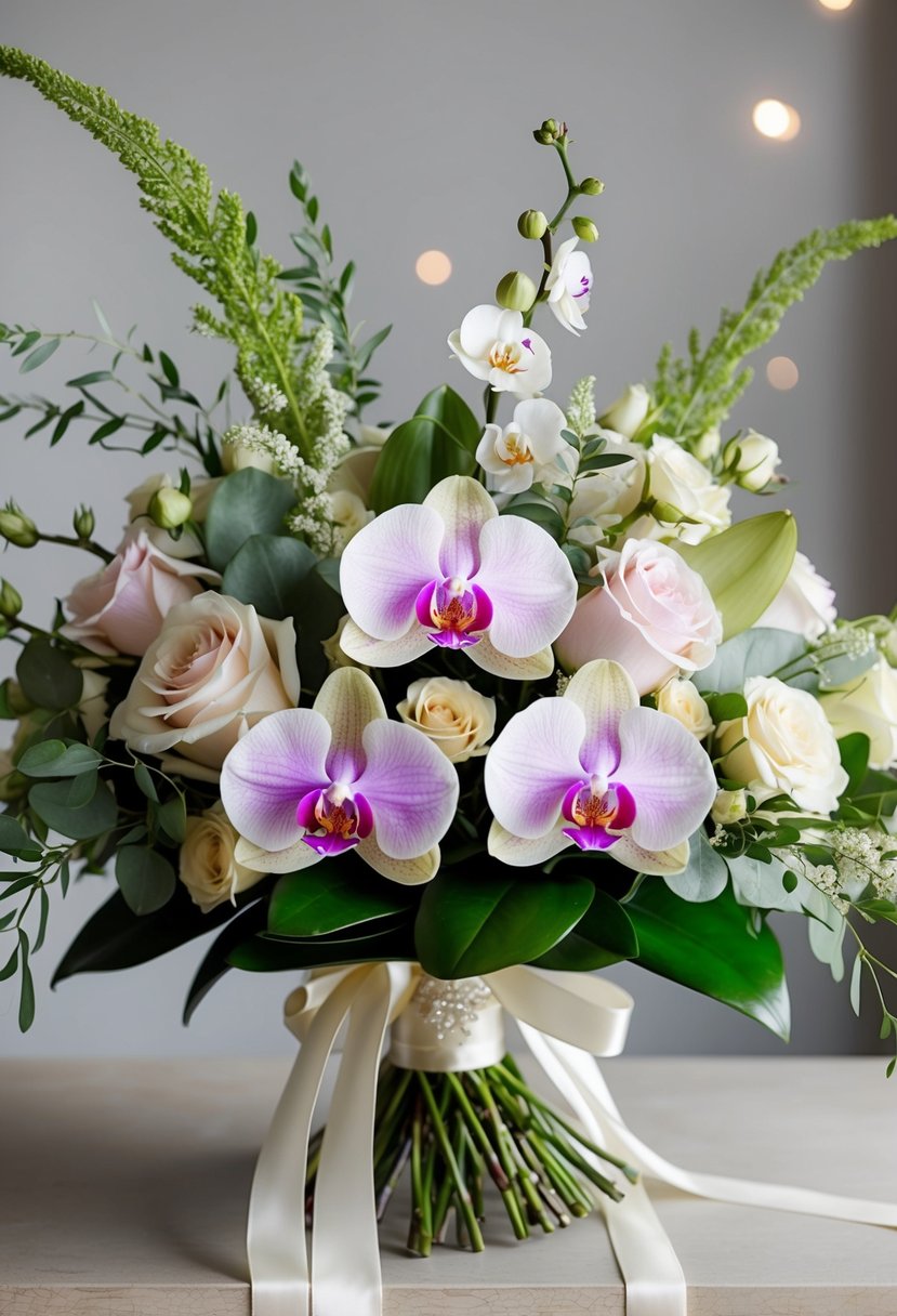 A lush bouquet of orchids and roses, arranged in a classic style, with delicate greenery and ribbon accents