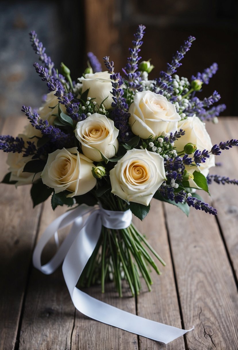 A bouquet of garden roses and lavender, intertwined with white ribbons, sits on a rustic wooden table