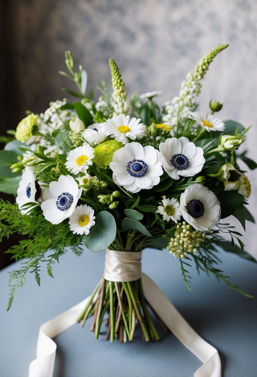 A lush bouquet of anemones and daisies, arranged in a classic wedding style with delicate greenery and ribbon accents