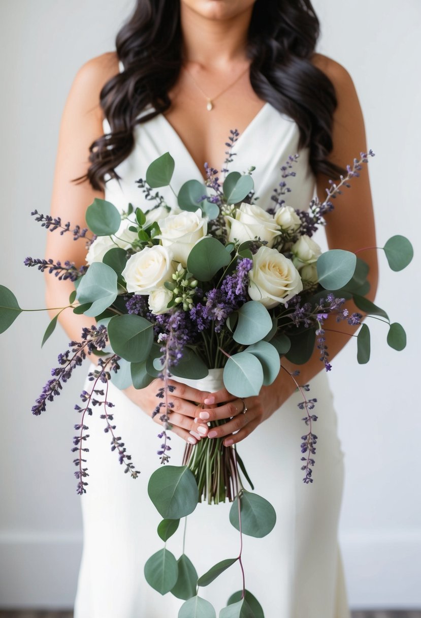 Eucalyptus and lavender cascade down a white wedding bouquet