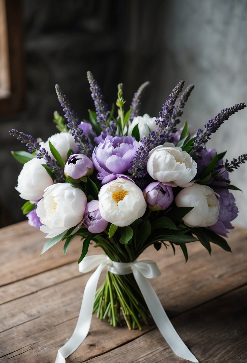 A lush bouquet of lavender and white peonies, tied with a delicate ribbon, sits on a rustic wooden table