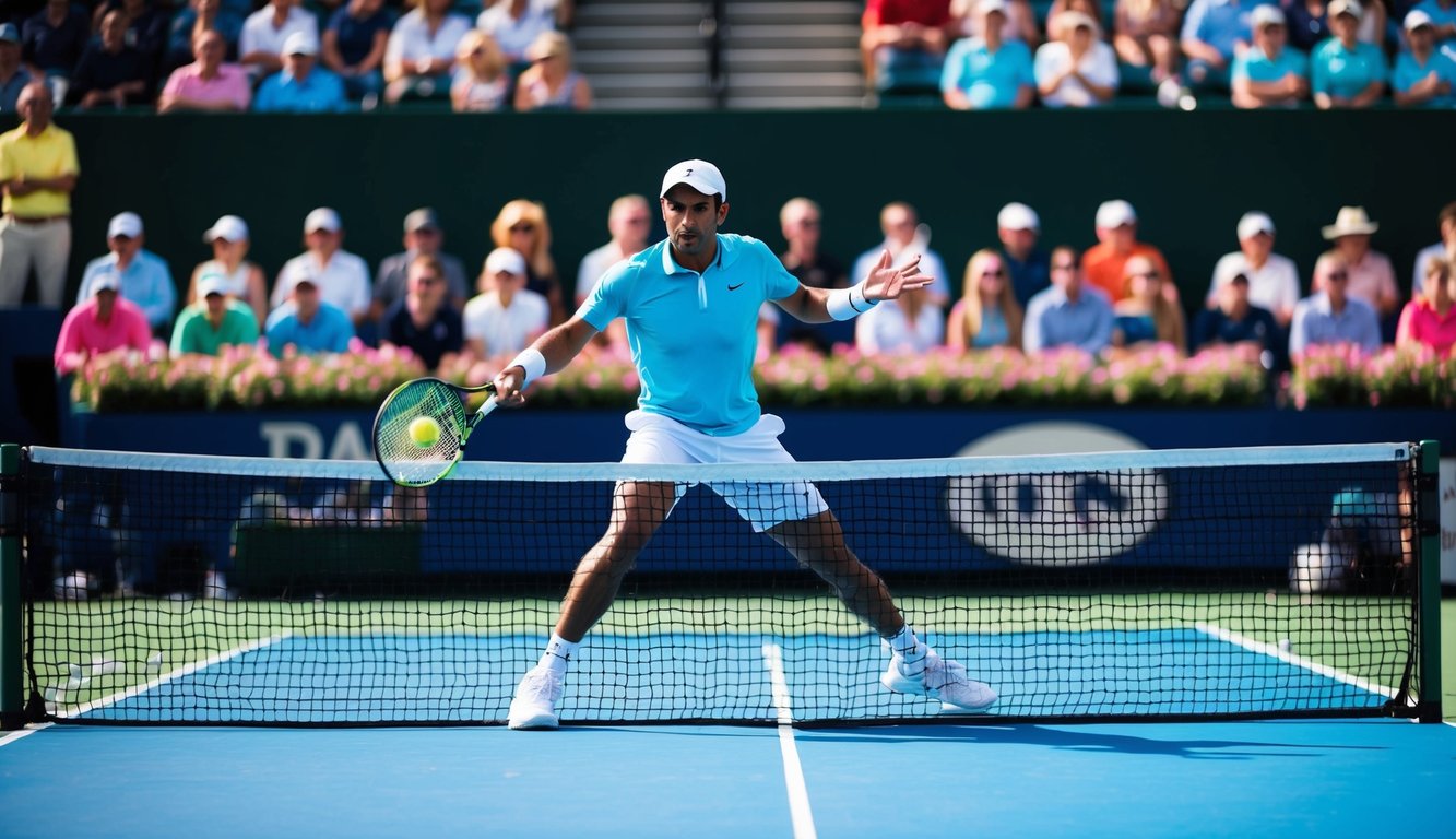 Sebuah pertandingan tenis yang sedang berlangsung di lapangan yang cerah dengan penonton di latar belakang