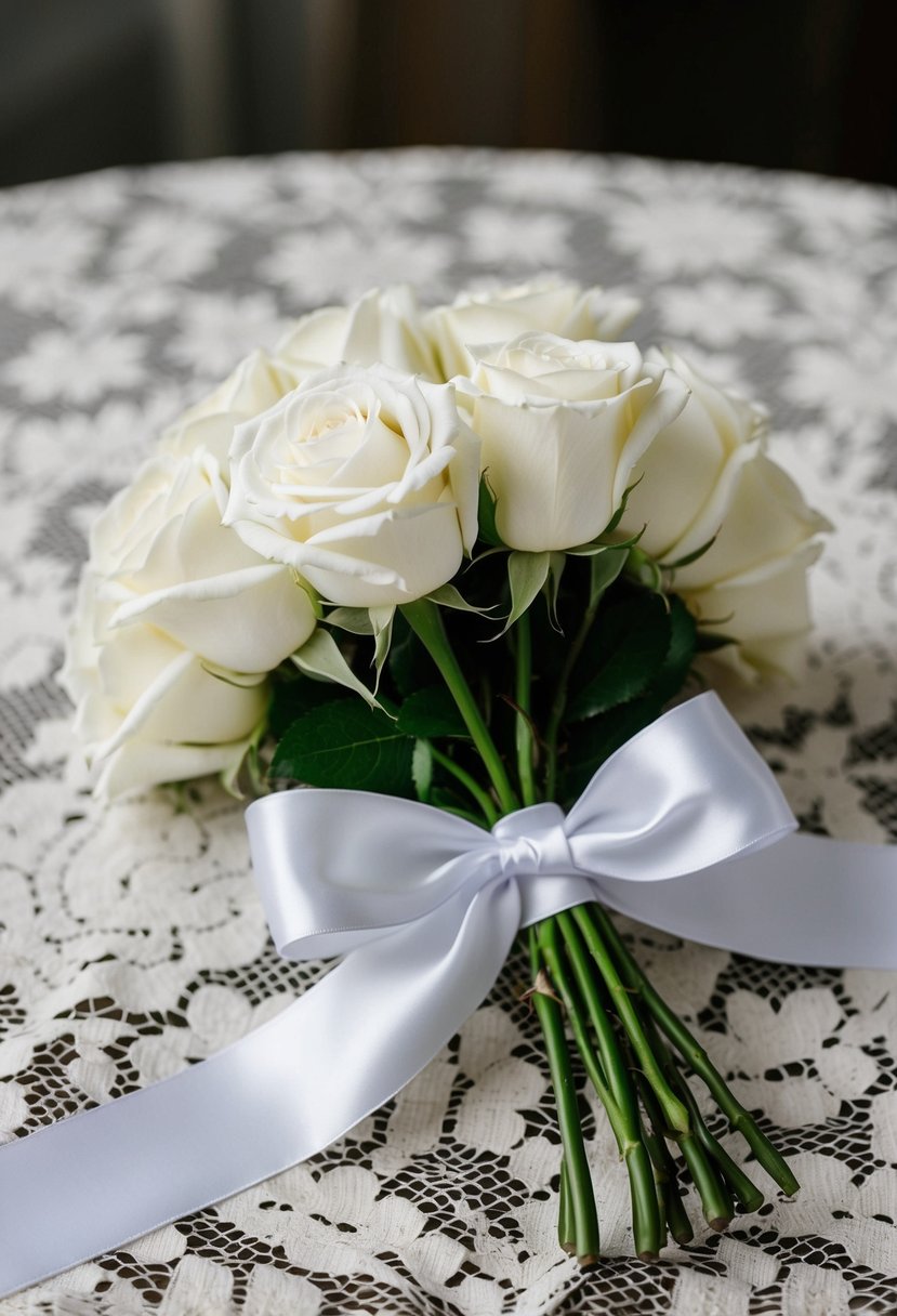 A pristine white rose posy, neatly tied with satin ribbon, rests on a vintage lace tablecloth