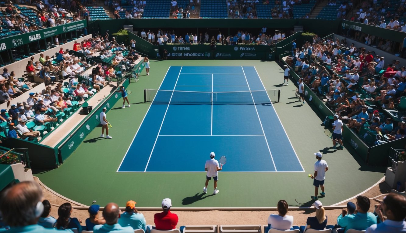 Sebuah lapangan tenis dengan pemain dan penonton