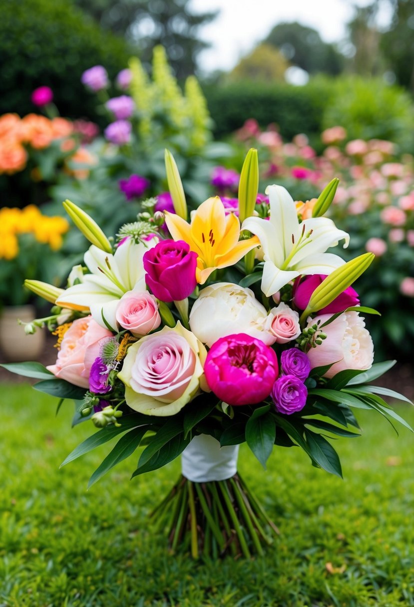 A lush garden with various colorful flowers, including roses, lilies, and peonies, arranged in a beautiful wedding bouquet