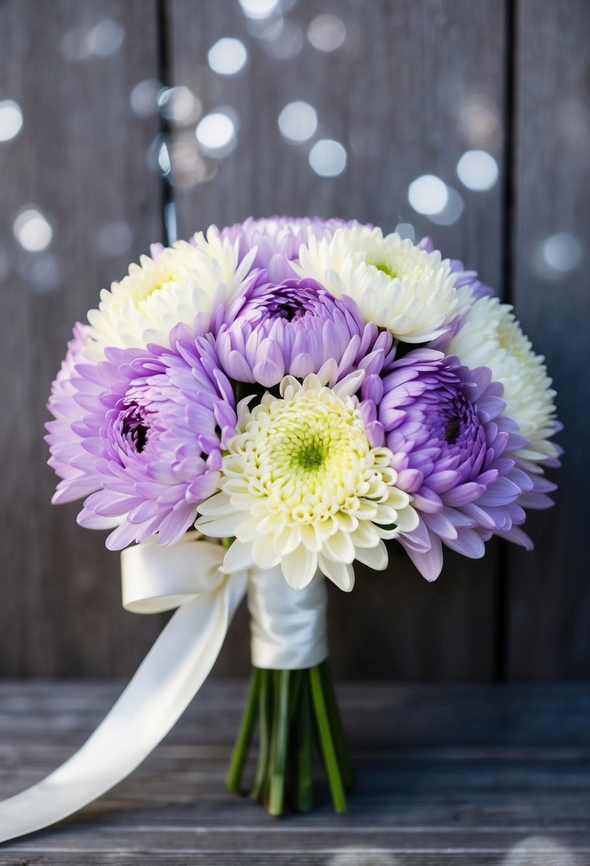 A delicate lavender and creamy white chrysanthemum wedding bouquet, tied with a flowing white ribbon