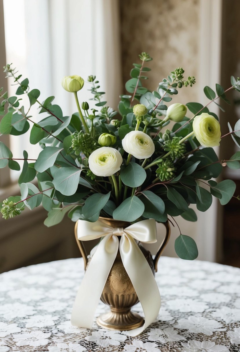 A lush cluster of eucalyptus and ranunculus, tied with a satin ribbon, sits in a vintage vase on a lace-covered table