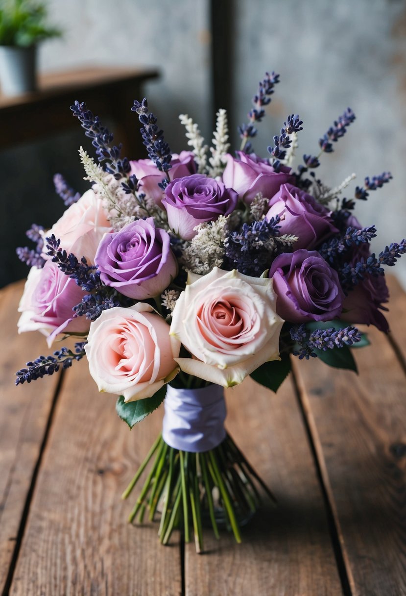 A bouquet of lavender and pink roses, accented with white lavender, sits on a rustic wooden table