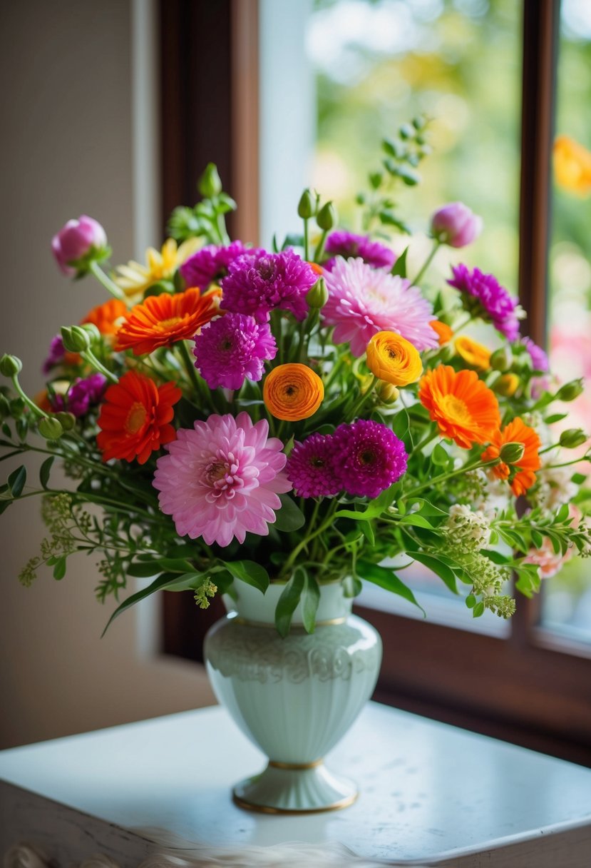 A vibrant bouquet of blooming flowers nestled in a delicate vase, emanating love and growth