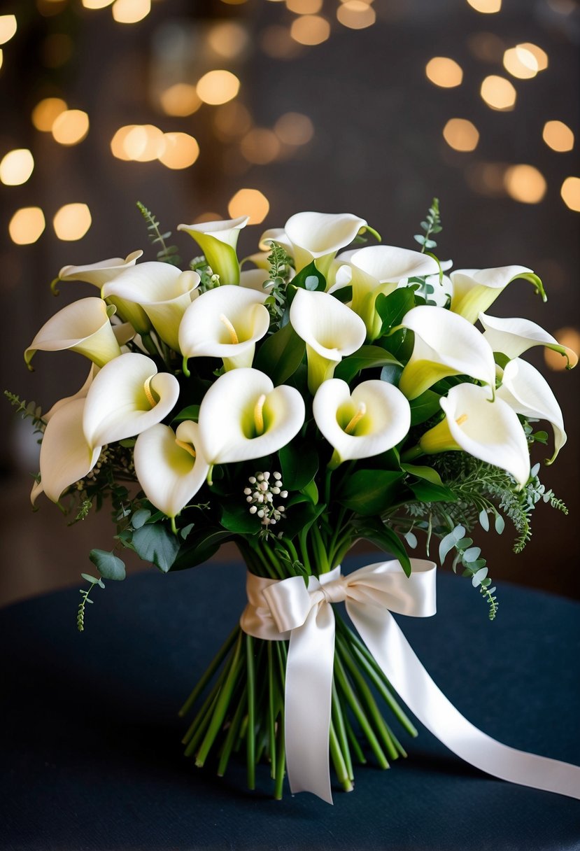 A lush bouquet of white calla lilies, accented with delicate greenery and tied with a satin ribbon