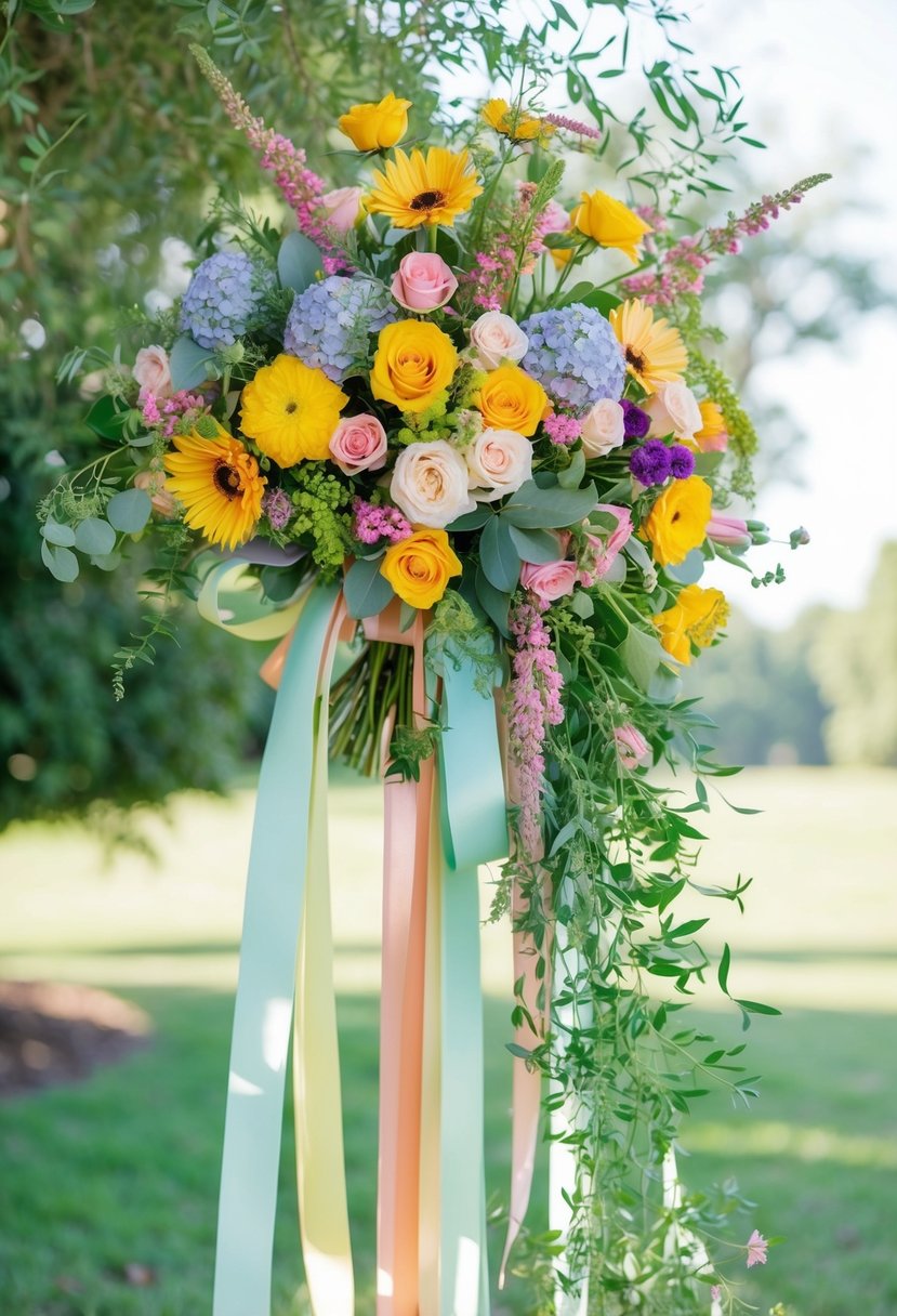 Colorful flowers arranged in a cascading bouquet, with delicate greenery and ribbons flowing gracefully