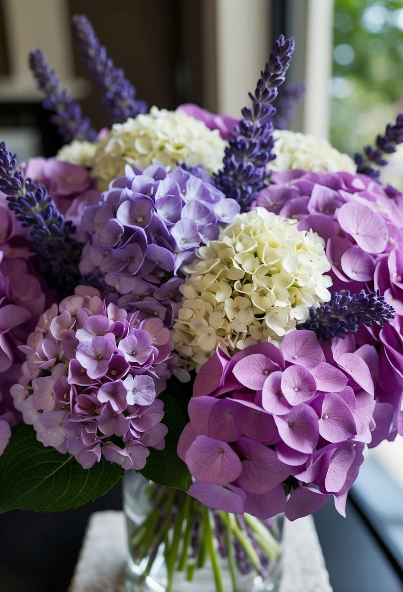 A lush bouquet of purple hydrangeas, lavender, and white flowers