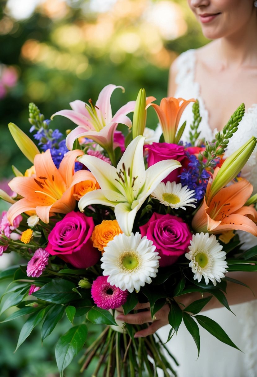 A variety of vibrant flowers, including roses, lilies, and daisies, arranged in a beautiful wedding bouquet, symbolizing the blossoming of souls in nature