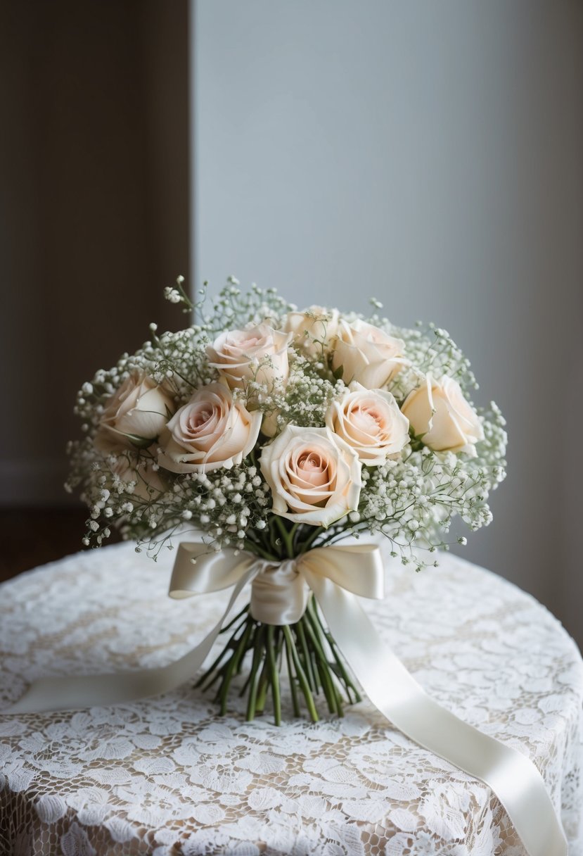 A delicate bouquet of vintage roses and baby's breath, tied with a satin ribbon, sits on a lace-covered table