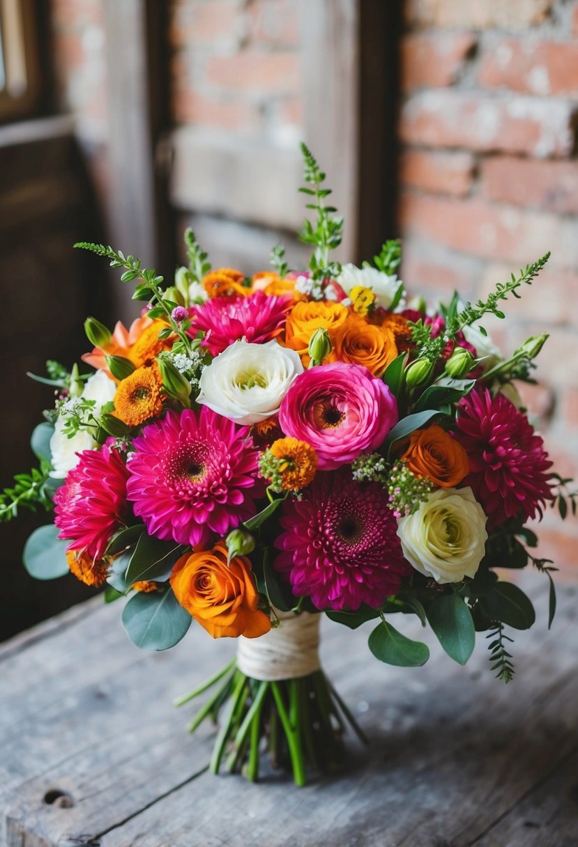 A vibrant wedding bouquet of blooming flowers in a rustic setting