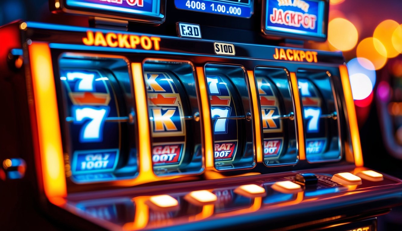 Sebuah mesin slot yang bersinar dengan jackpot terbesar yang ditampilkan di layar