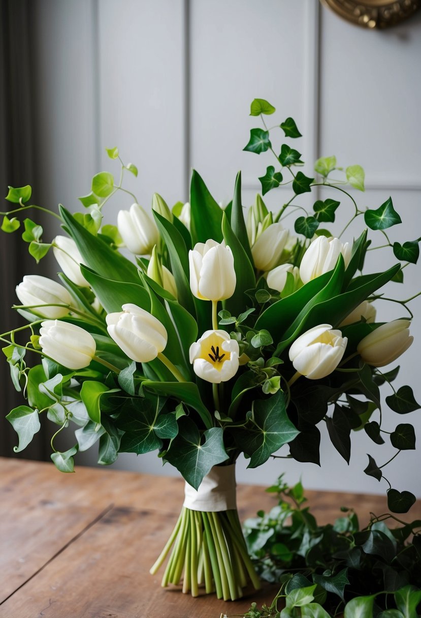 A lush bouquet of tulips and ivy, arranged in a classic and elegant style, perfect for a wedding ensemble