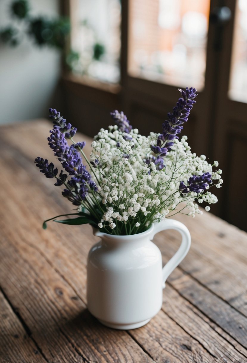 A delicate lavender and baby's breath bouquet in a white vase on a rustic wooden table