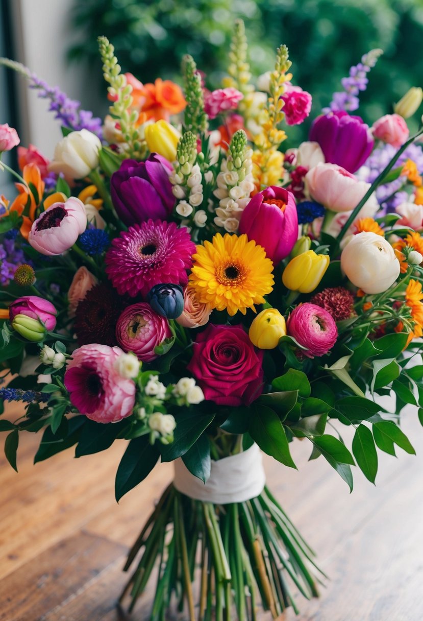 A vibrant bouquet of assorted flowers in a variety of colors and shapes, arranged in an elegant and romantic manner