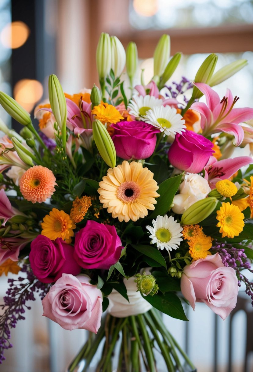 A vibrant bouquet of assorted flowers, including roses, daisies, and lilies, arranged in a delicate, flowing manner