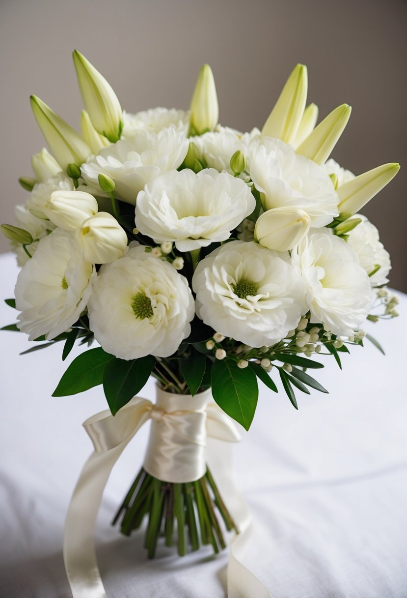 A classic wedding bouquet with white freesias and stephanotis, tied with satin ribbon