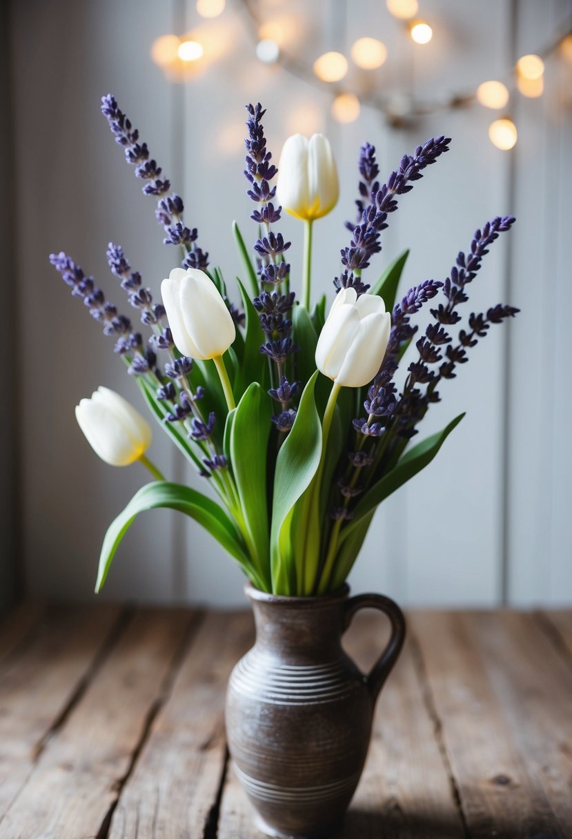 A delicate bouquet of lavender sprigs and white tulips arranged in a rustic vase