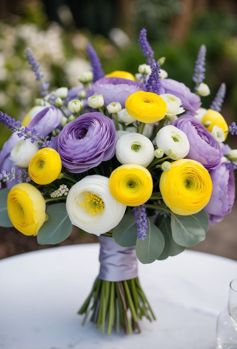 A bouquet of lavender and yellow ranunculus with touches of white, arranged in a delicate and elegant wedding bouquet