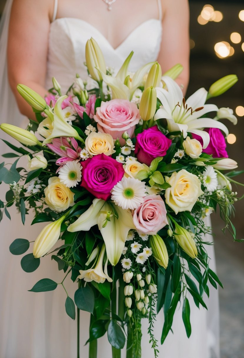 A vibrant wedding bouquet of roses, lilies, and daisies arranged in a delicate, cascading design