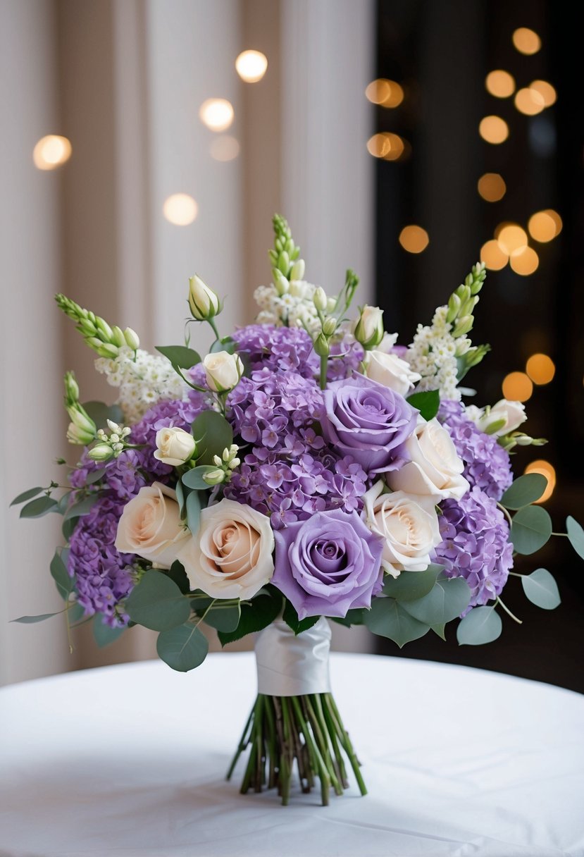 A classic wedding bouquet featuring a combination of lilac and rose flowers, arranged in a beautiful and elegant design