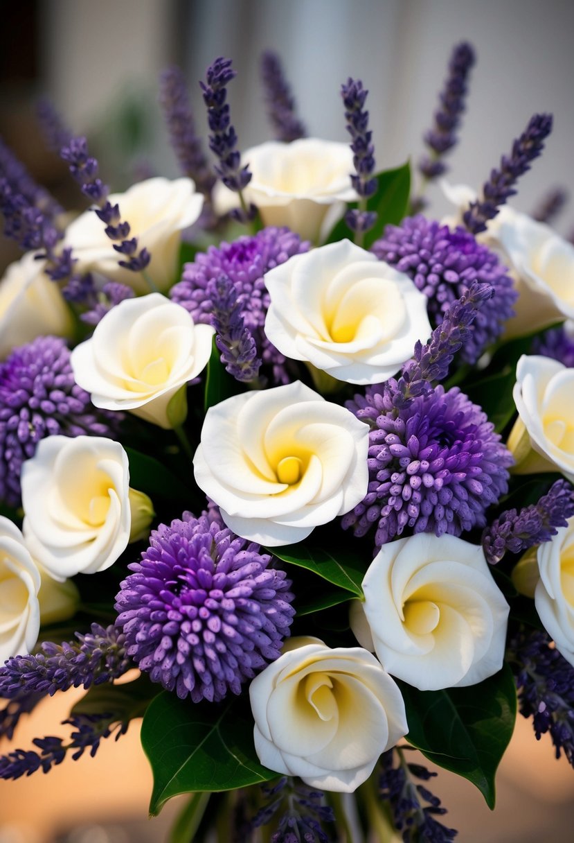 A delicate bouquet of lavender buds and white gardenias, arranged in a stunning display for a wedding celebration