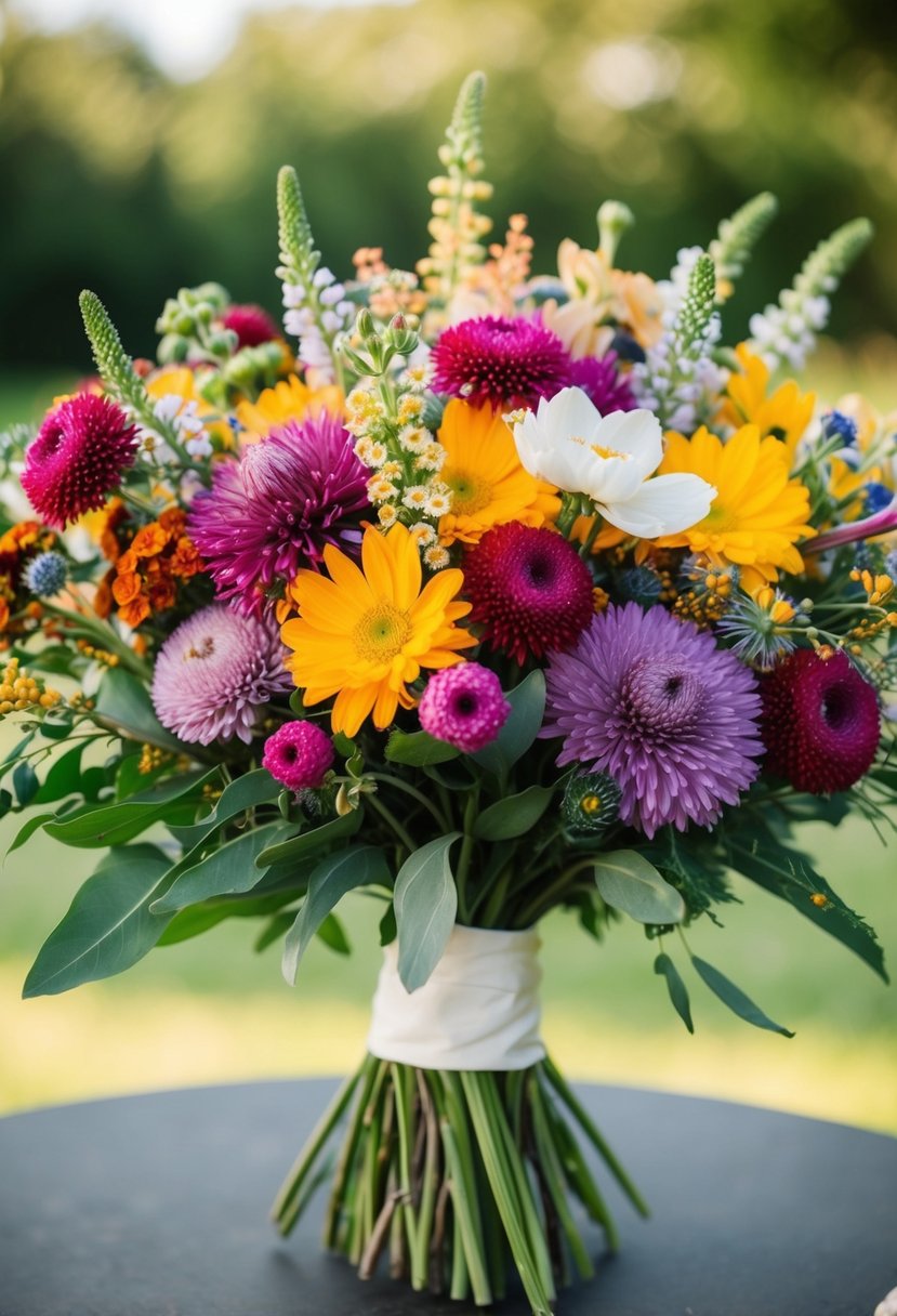 A vibrant bunch of seasonal wildflowers arranged in a classic wedding bouquet