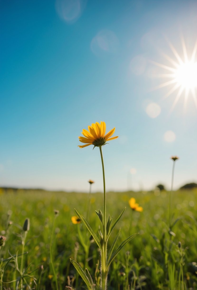 A sunlit meadow with a single flower, surrounded by open space and a clear blue sky