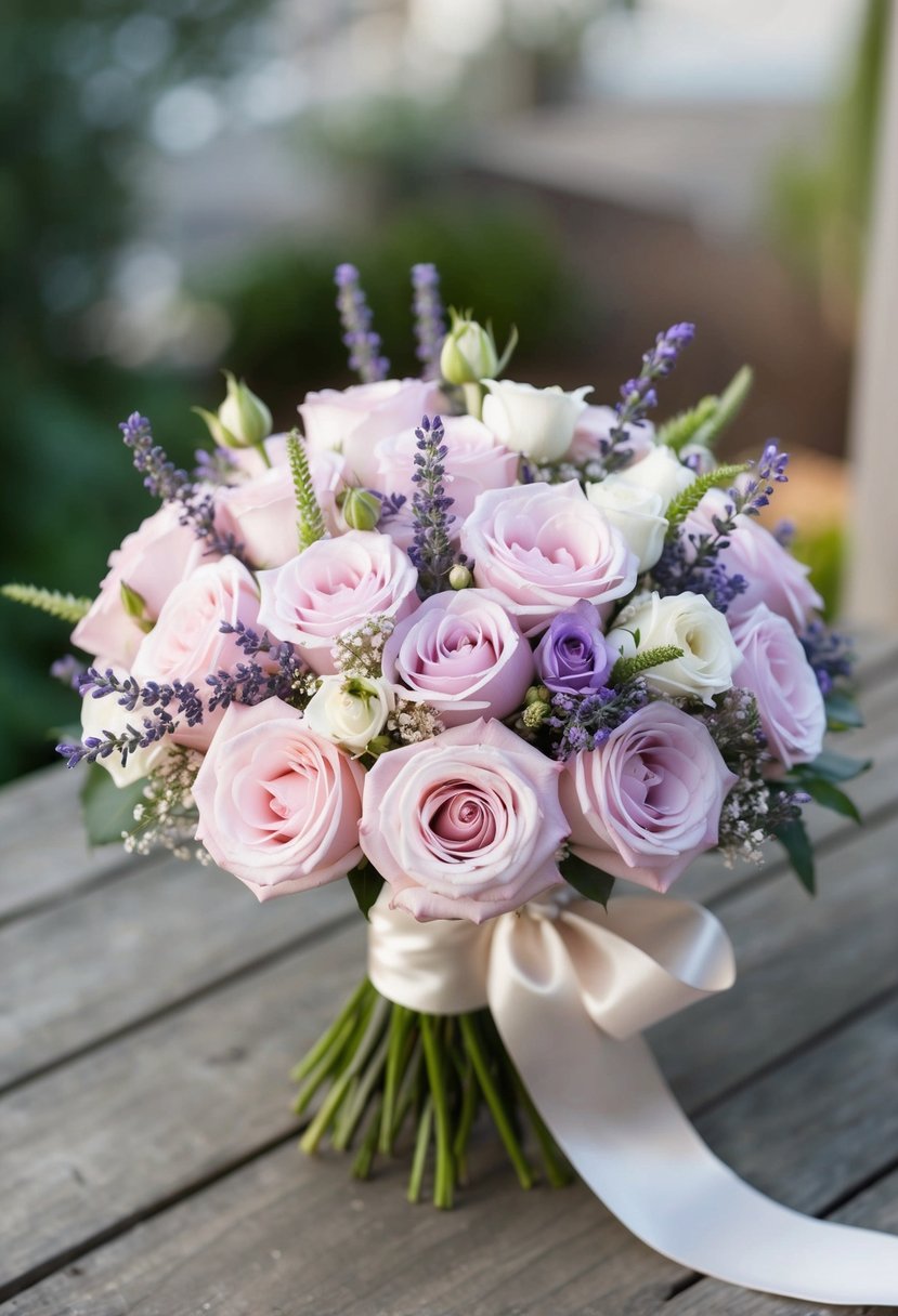 A delicate bouquet of soft pink roses, sprinkled with lavender and white flowers, tied with a satin ribbon