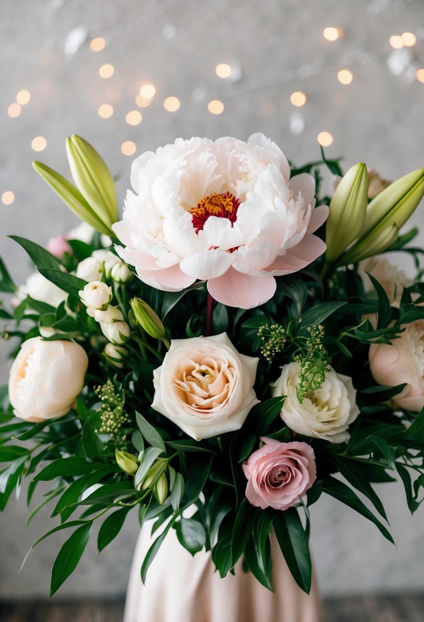 A lush peony blooms atop a bouquet of roses, lilies, and greenery