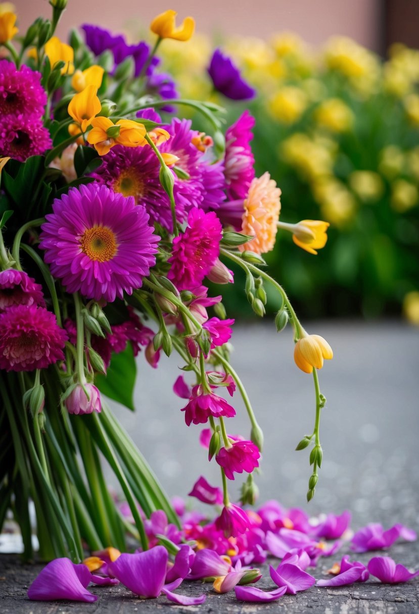 A vibrant bouquet of flowers wilting gracefully, petals cascading to the ground in a poetic display of fading beauty