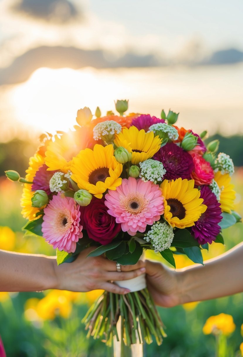 A colorful bouquet of flowers basking in the sunlight, symbolizing love and marriage