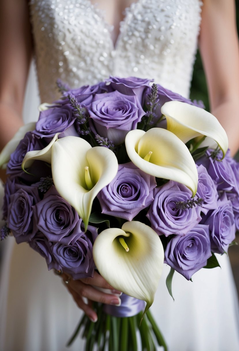 A bouquet of lavender and white calla lilies arranged in a delicate and elegant wedding bouquet