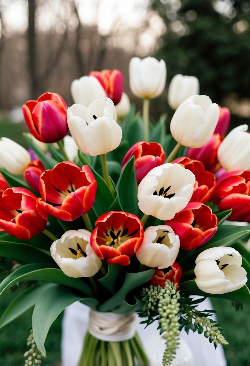 A duo of vibrant red and white tulips intertwined in a lush, elegant wedding bouquet